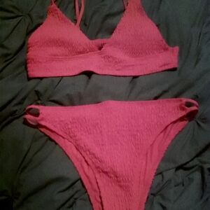 Red Textured Bikini Set